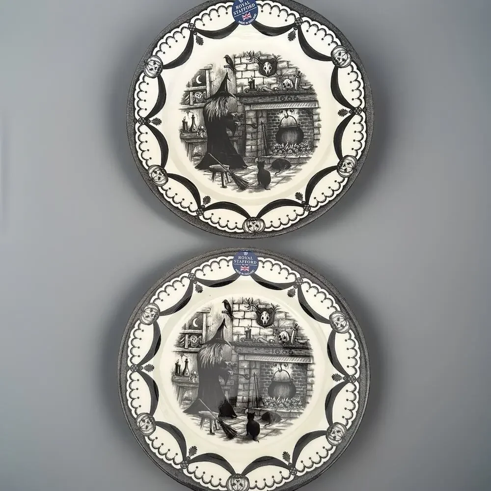 2 Royal Stafford Halloween Spookyville Witches Home 11” Dinner Plates New w/ Tag
